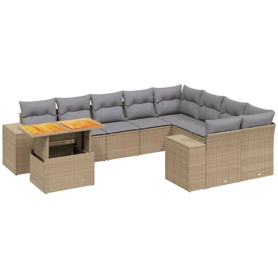 Salon de jardin avec coussins 10 pcs beige résine tressée - 2