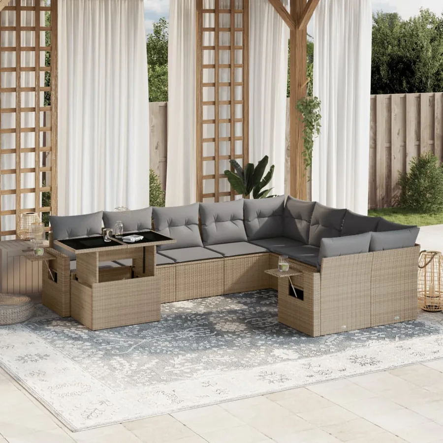 Salon de jardin avec coussins 10 pcs beige résine tressée