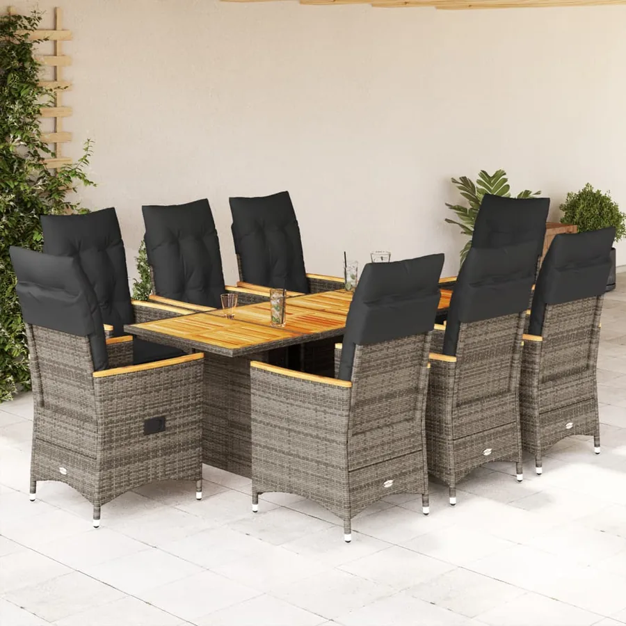 Ensemble à manger de jardin 9 pcs coussins gris résine tressée