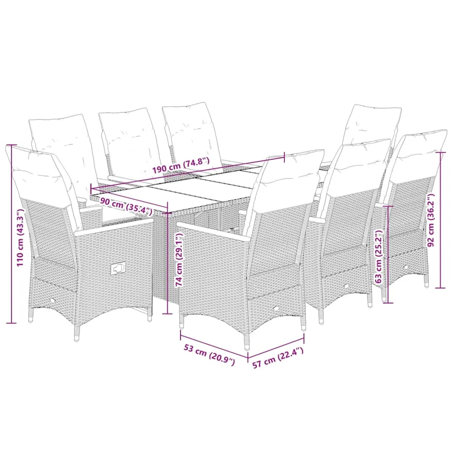 Ensemble à manger de jardin 9 pcs coussins gris résine tressée - 7