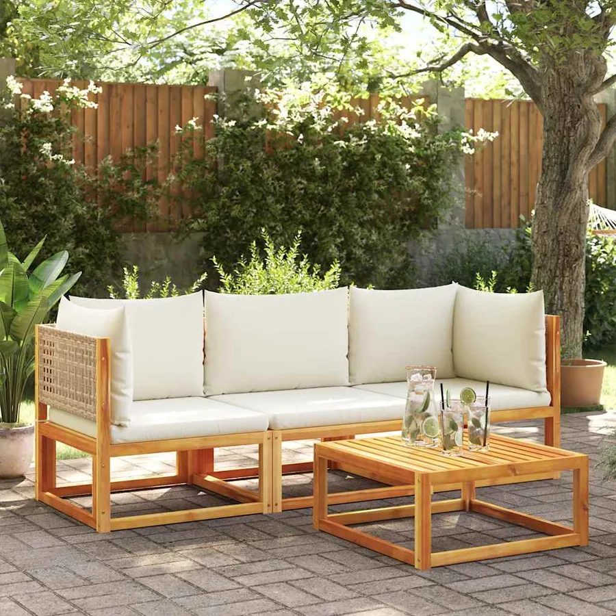 Canapé d'angle de jardin avec coussins en bois d'acacia et rotin - 3
