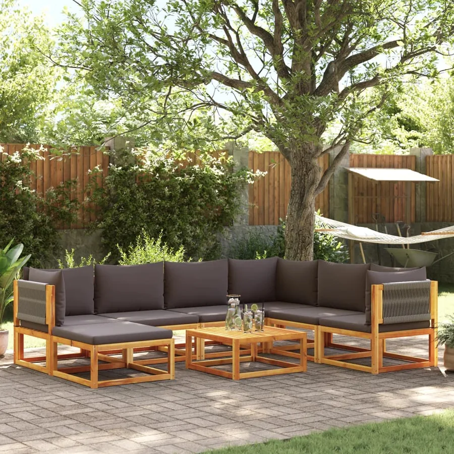 Ensemble de canapés de jardin 8 pièces avec coussins en bois d'acacia et corde