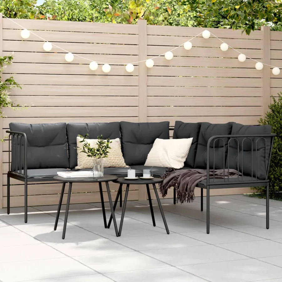 Canapé de jardin avec coussins forme de L noir acier textilène