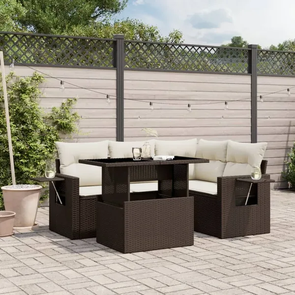Salon de jardin avec coussins 5 pcs marron résine tressée