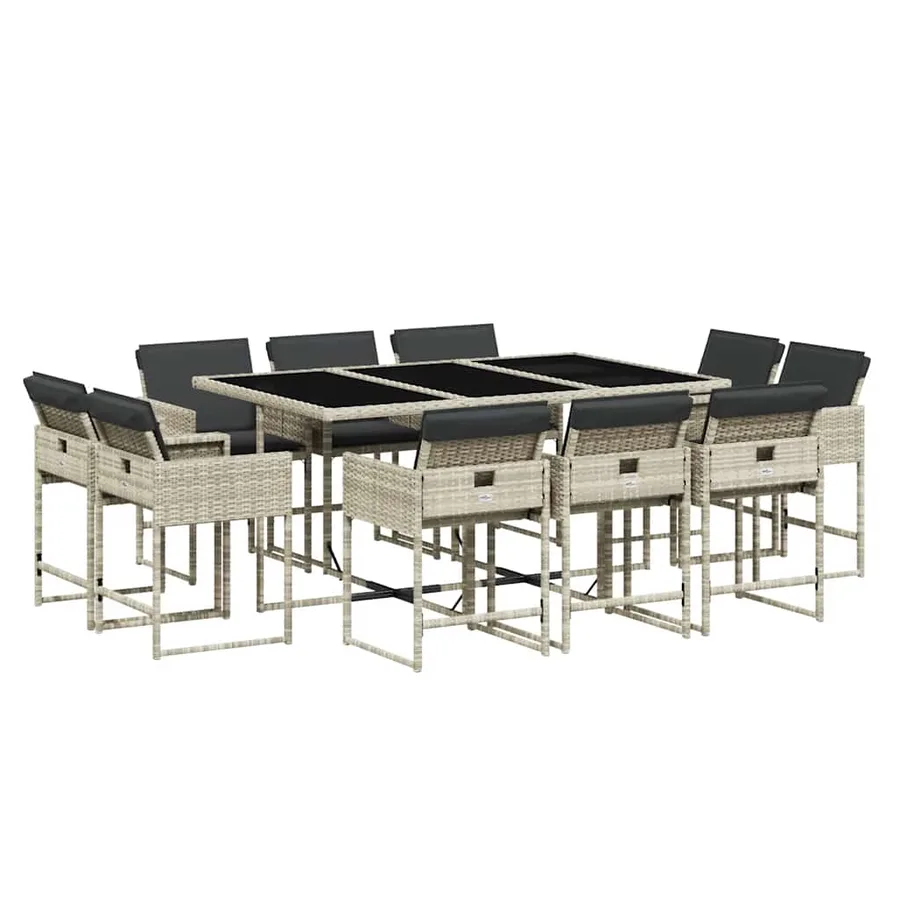 Ensemble à manger de jardin 11pcs avec coussins gris poly rotin - 2