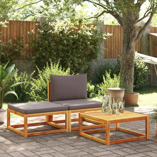 Ensemble de canapés de jardin 3 pièces avec coussins en bois d'acacia et rotin