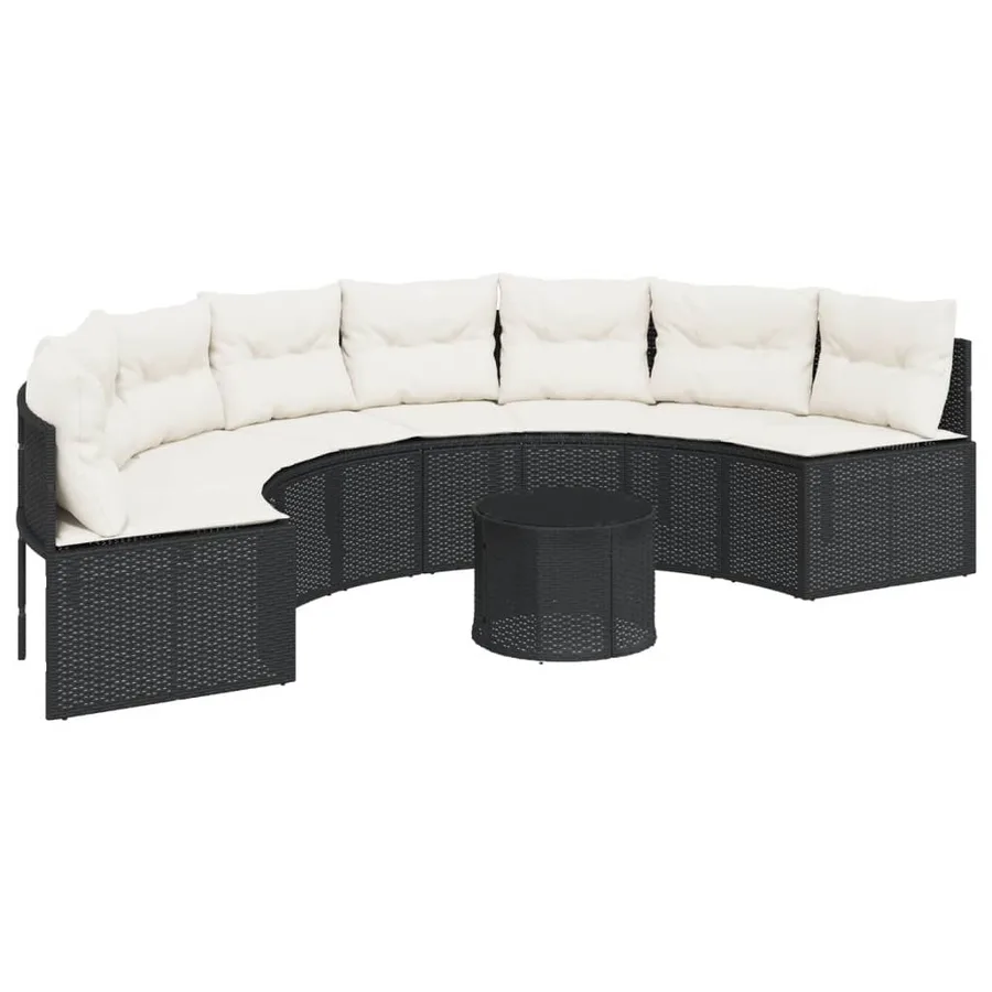 Canapé de jardin table coussins demi-rond noir résine tressée - 2