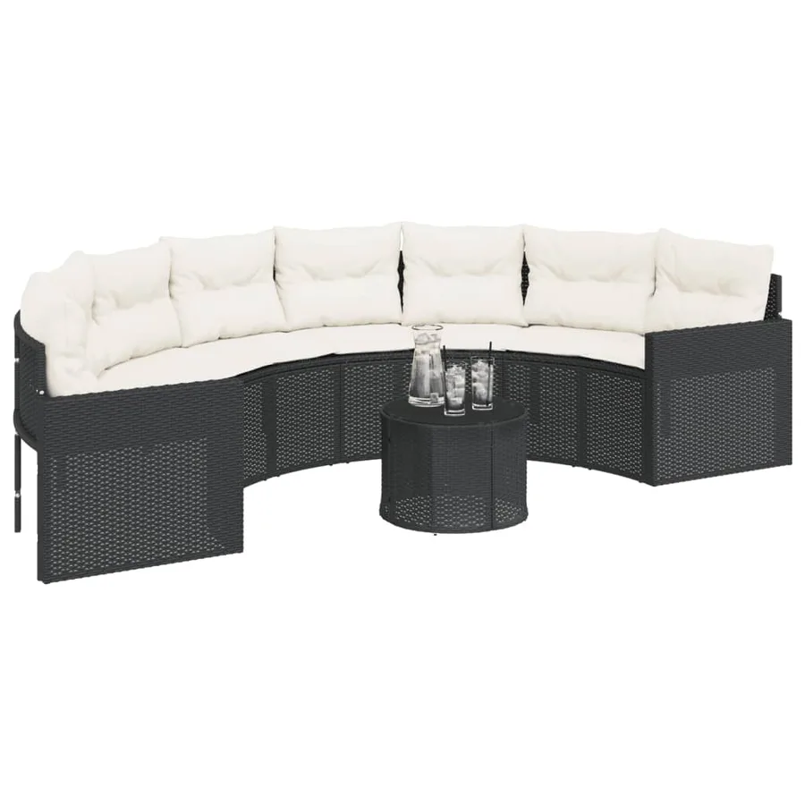 Canapé de jardin table coussins demi-rond noir résine tressée - 3