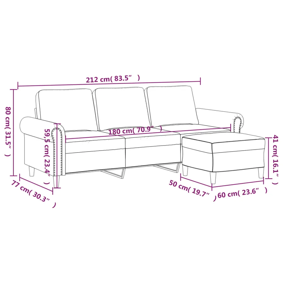 Canapé à 3 places avec repose-pieds Crème 180 cm Velours - 7