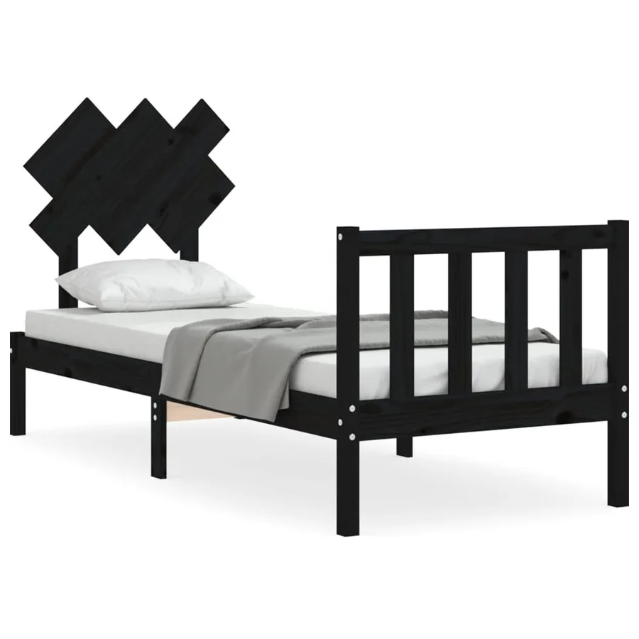 Cadre de lit sans matelas noir bois de pin massif - 2