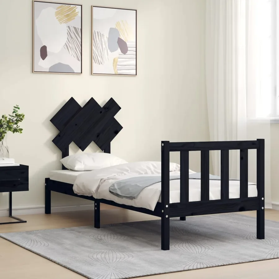Cadre de lit sans matelas noir bois de pin massif - 3