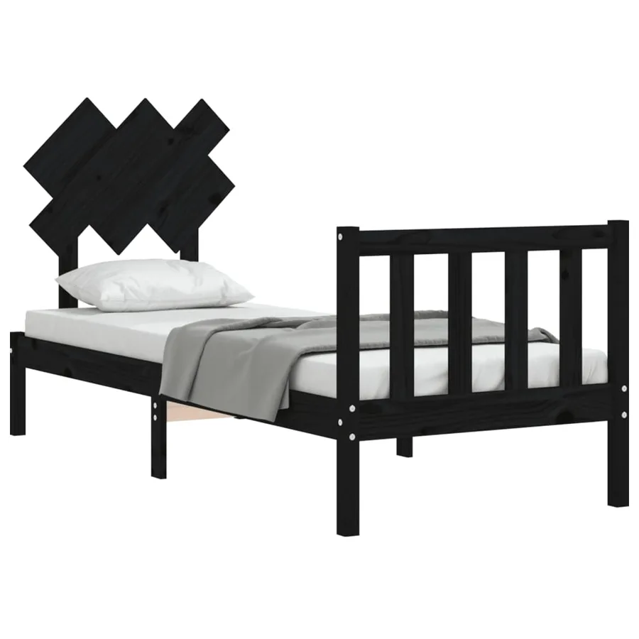 Cadre de lit sans matelas noir bois de pin massif - 4