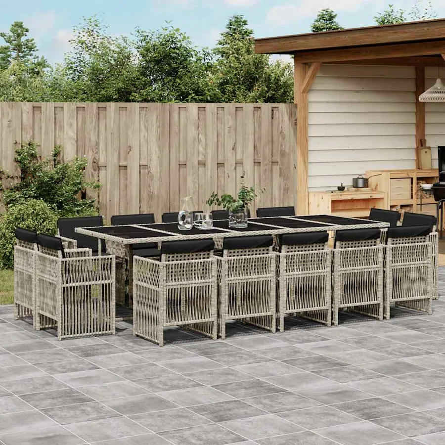 Ensemble à manger de jardin et coussins 15 pcs gris clair rotin