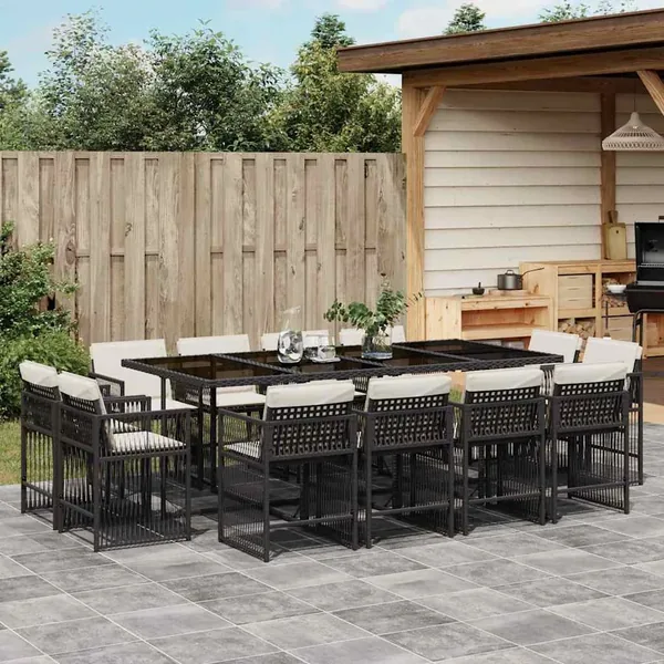 Ensemble à manger de jardin 13 pcs coussins noir résine tressée