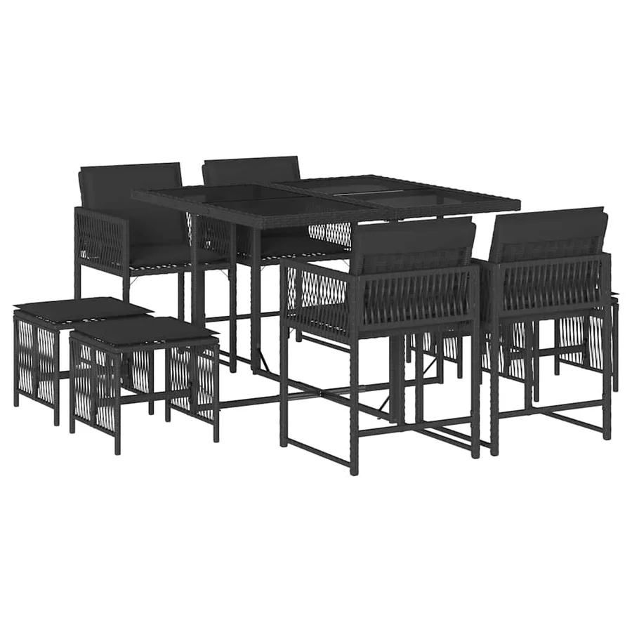 Ensemble à manger de jardin 9pcs coussins noir résine tressée - 2