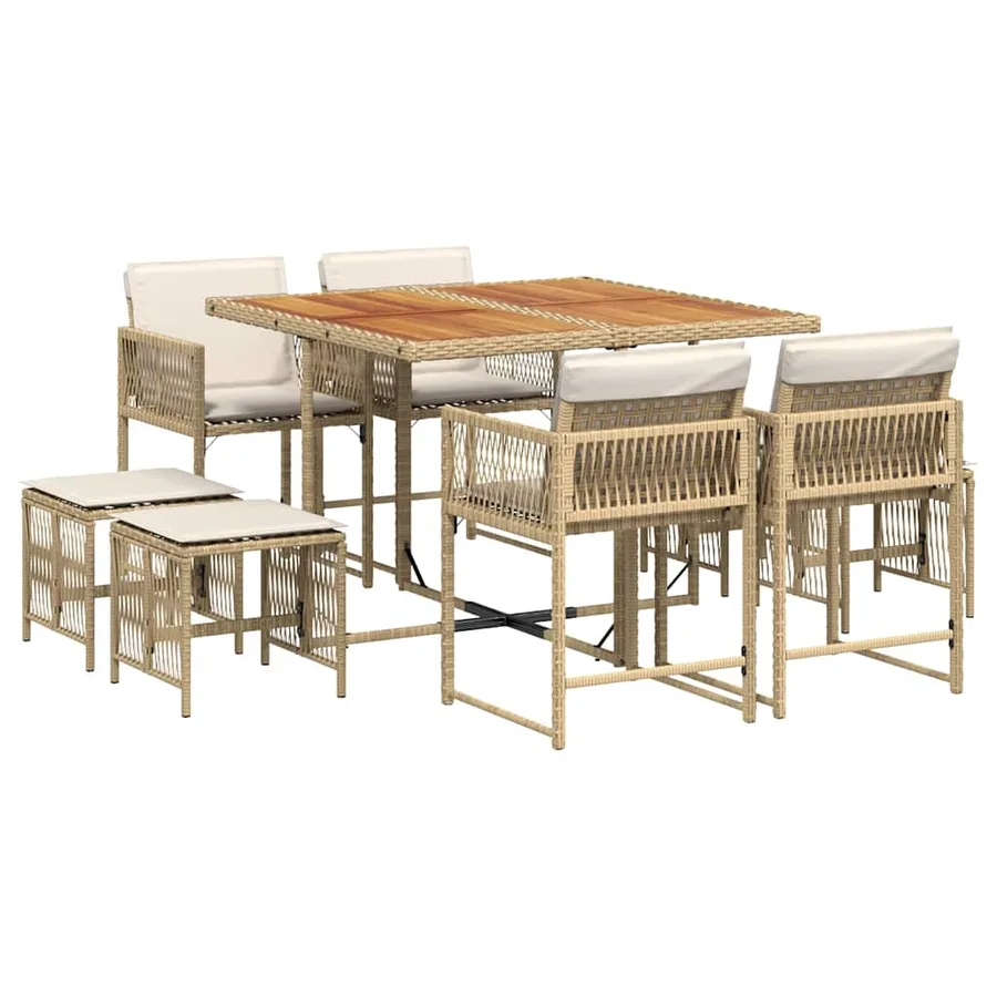 Ensemble à manger de jardin et coussins 9 pcs beige Poly rotin - 2