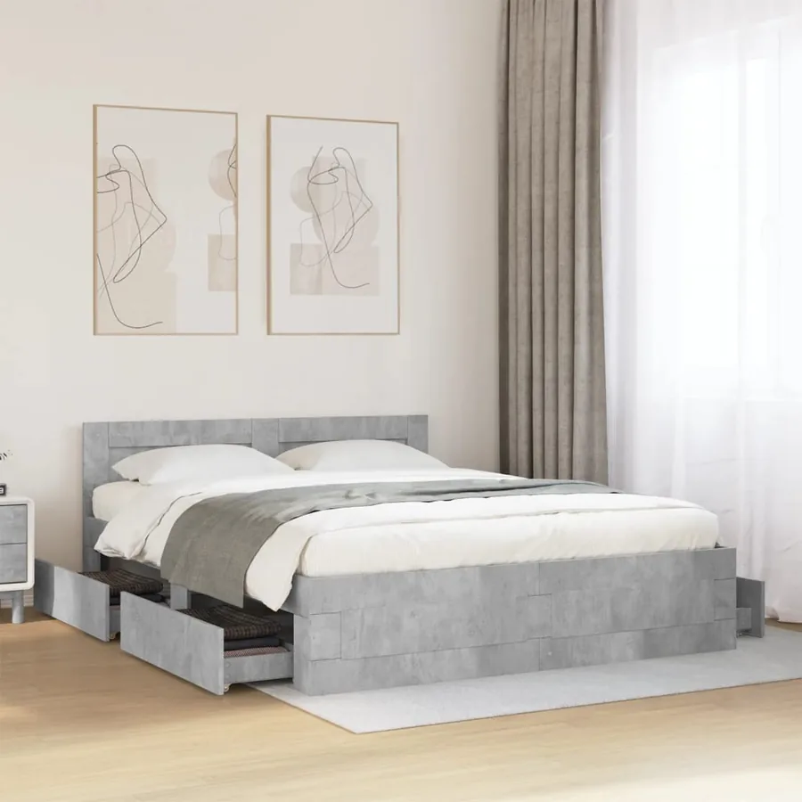 Cadre de lit et tête de lit sans matelas gris béton 160x200 cm