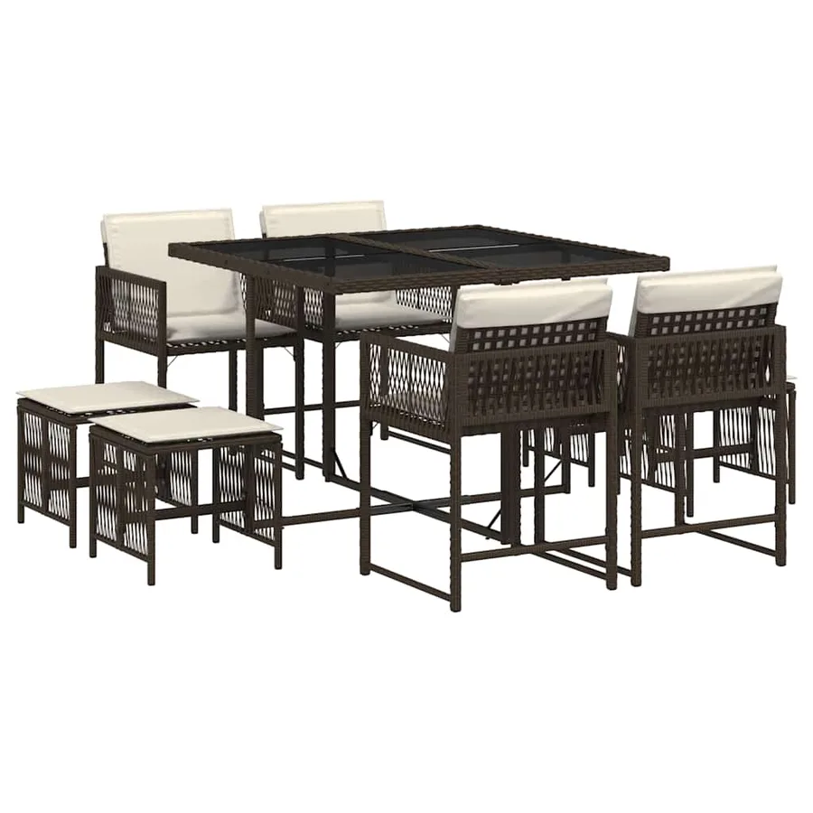 Ensemble à manger de jardin et coussins 9 pcs marron poly rotin - 2