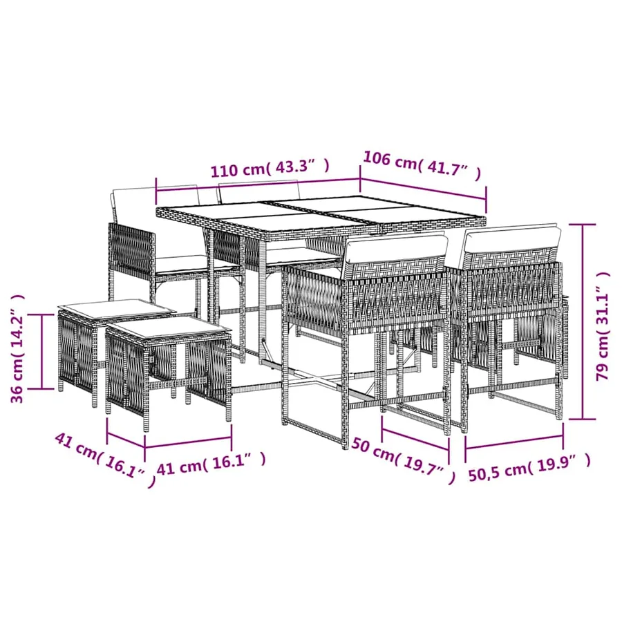 Ensemble à manger de jardin et coussins 9 pcs marron poly rotin - 6