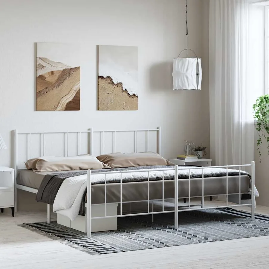 Cadre de lit métal sans matelas et pied de lit blanc 183x213 cm
