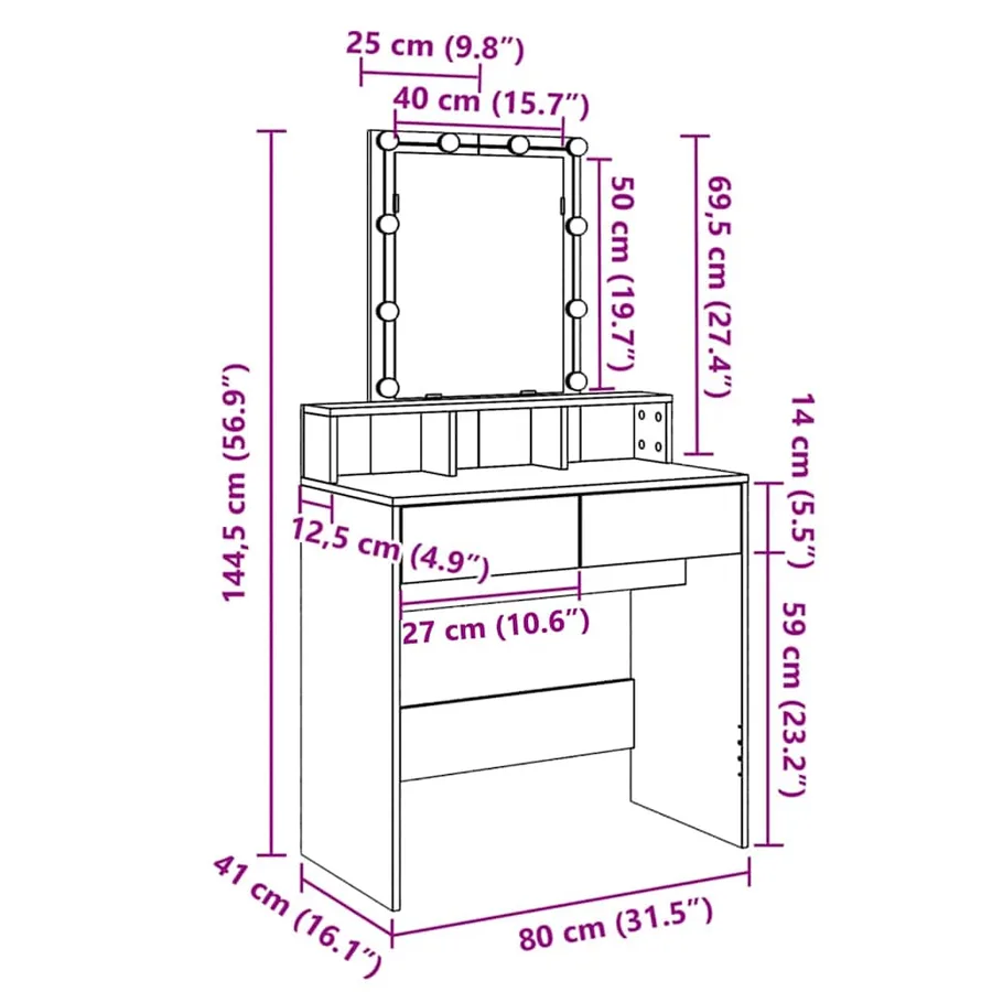 Coiffeuse avec LED noir 80x41x144,5 cm - 18