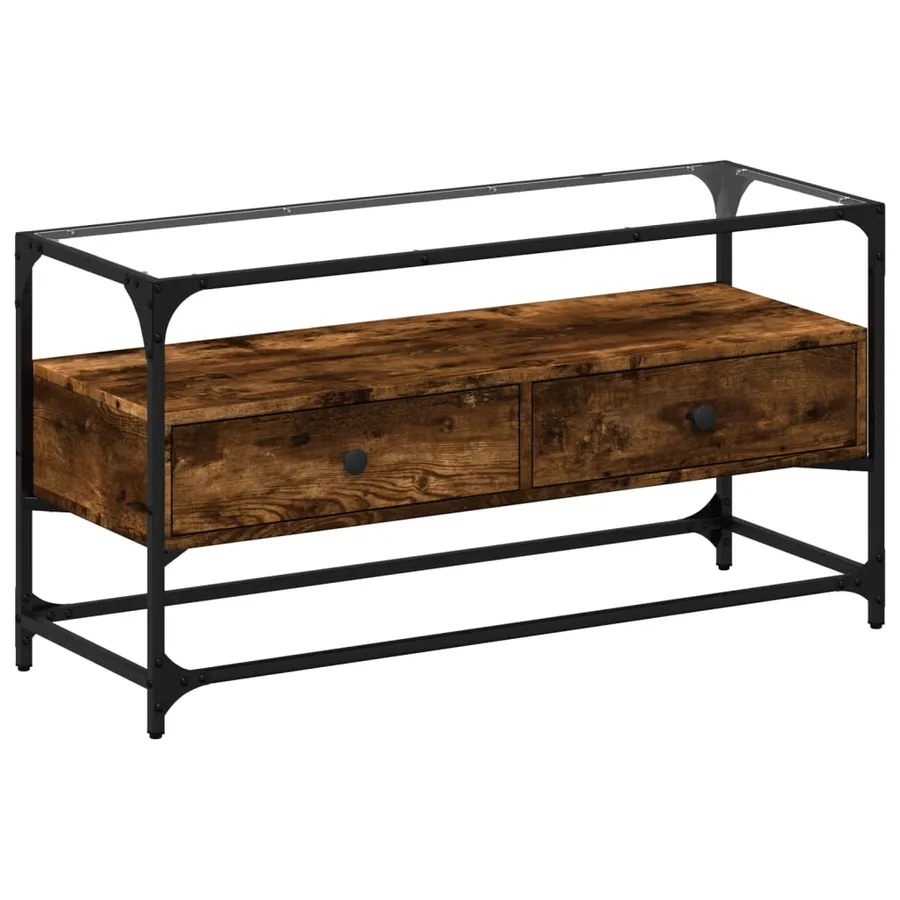 Meuble TV avec dessus en verre chêne fumé bois d'ingénierie - 2
