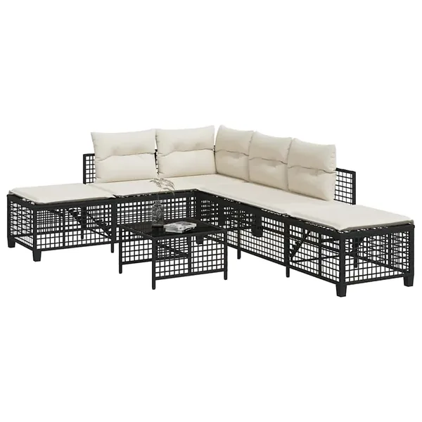Salon de jardin d'angle 3 pcs avec coussins noir résine tressée