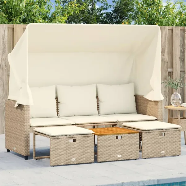 Canapé de jardin 3 places avec auvent et tabourets beige rotin
