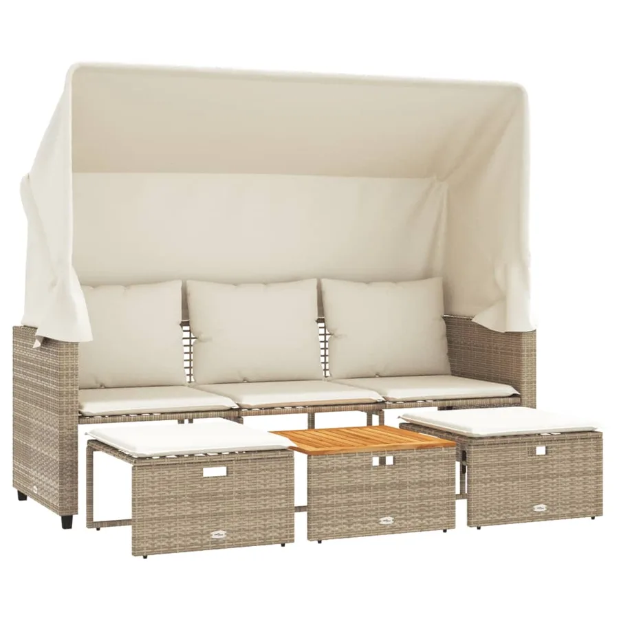 Canapé de jardin 3 places avec auvent et tabourets beige rotin - 2