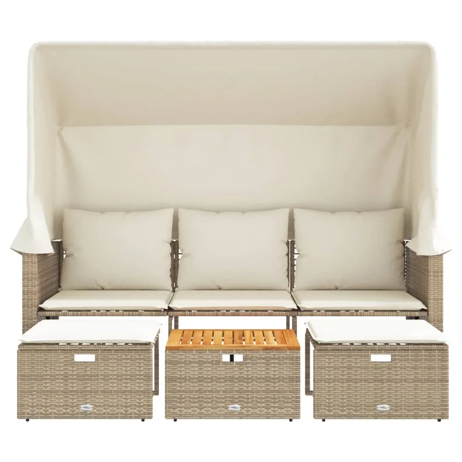 Canapé de jardin 3 places avec auvent et tabourets beige rotin - 4