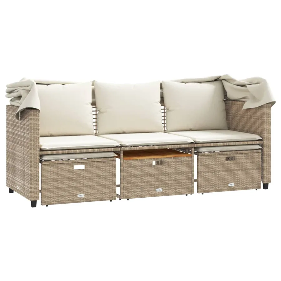 Canapé de jardin 3 places avec auvent et tabourets beige rotin - 7