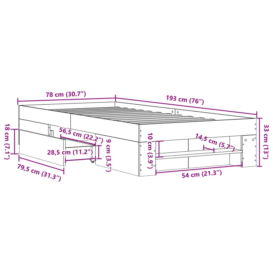 Cadre de lit sans matelas sonoma gris 75x190 cm - 11