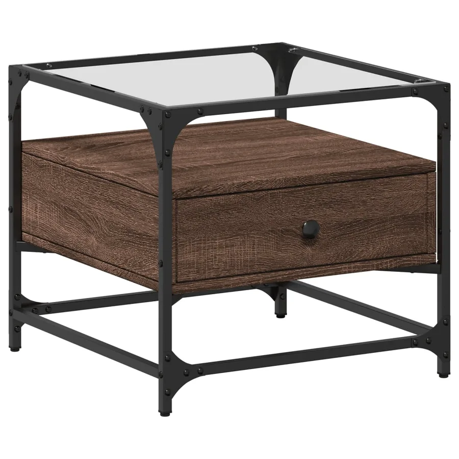 Table basse et dessus en verre chêne marron 50x50x45 cm acier - 2
