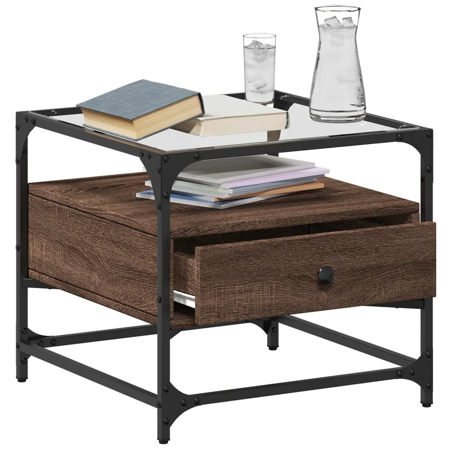 Table basse et dessus en verre chêne marron 50x50x45 cm acier - 3
