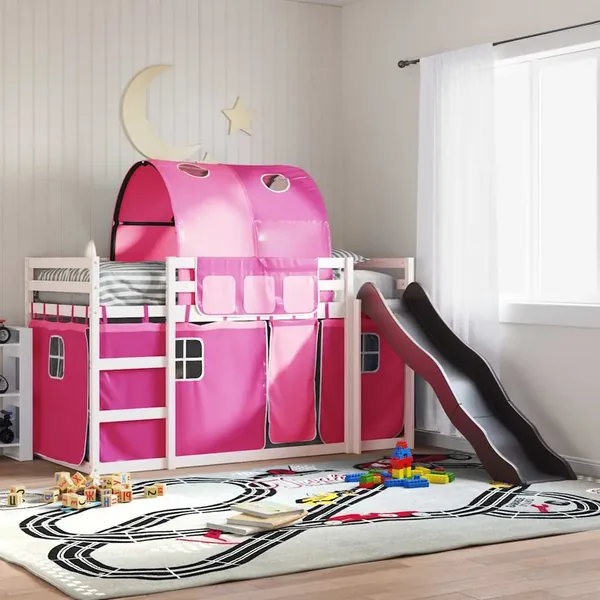 Lit superposé sans matelas avec toboggan et rideaux 90x190 cm