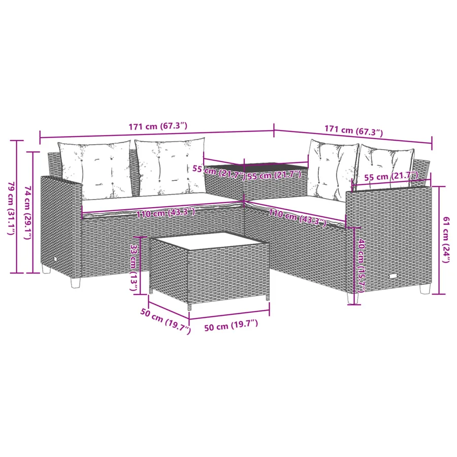 Canapé de jardin avec table et coussins en forme de L gris - 12