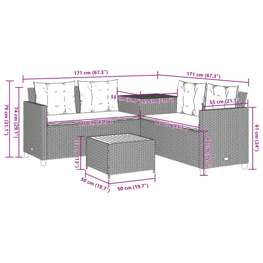 Canapé de jardin avec table et coussins en forme de L noir - 12