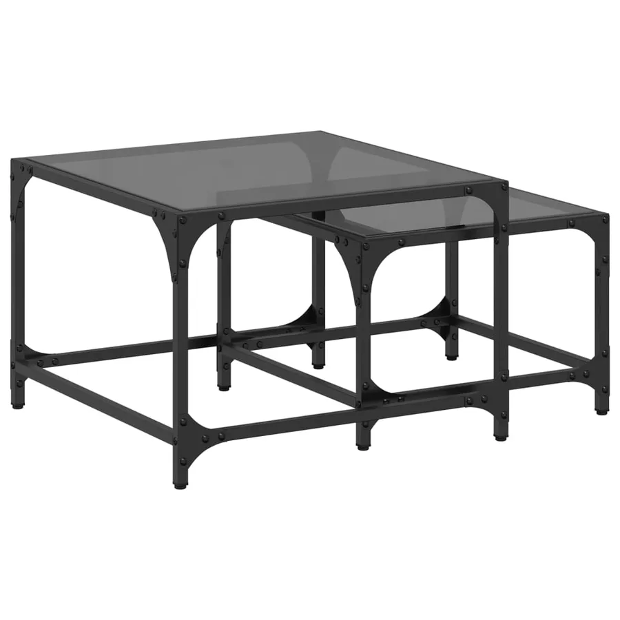 Tables basses gigognes 2 pcs dessus en verre noir acier - 2