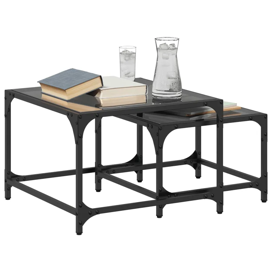 Tables basses gigognes 2 pcs dessus en verre noir acier - 3