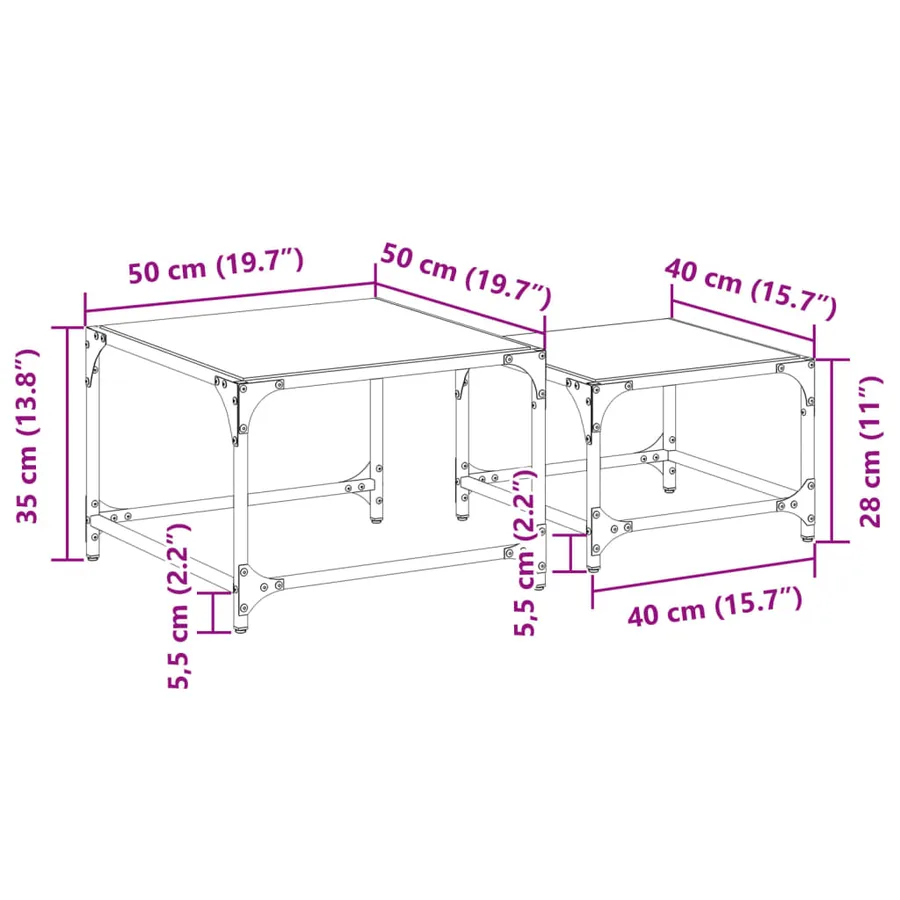 Tables basses gigognes 2 pcs dessus en verre noir acier - 9