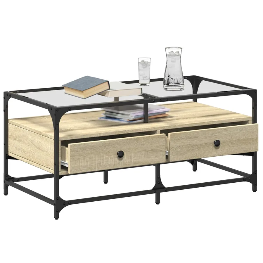 Table basse et dessus en verre chêne sonoma 98,5x50x45 cm acier - 3