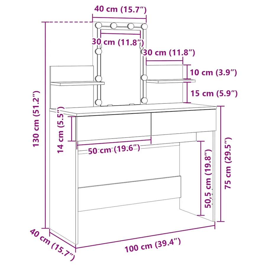 Coiffeuse avec LED chêne fumé 100x40x130 cm - 18