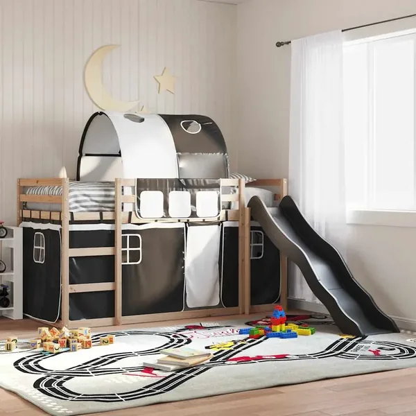 Lit superposé sans matelas avec toboggan blanc noir 80x200 cm