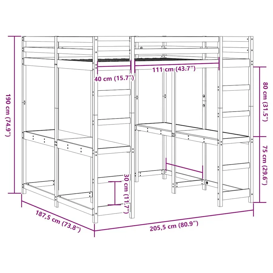 Lit superposé et bureau et échelle 180x200cm bois de pin massif - 10