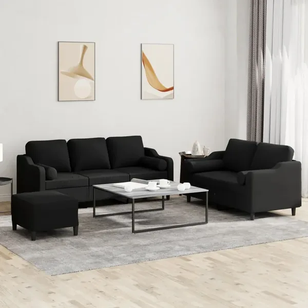 Ensemble de canapés 3 pcs avec coussins noir tissu