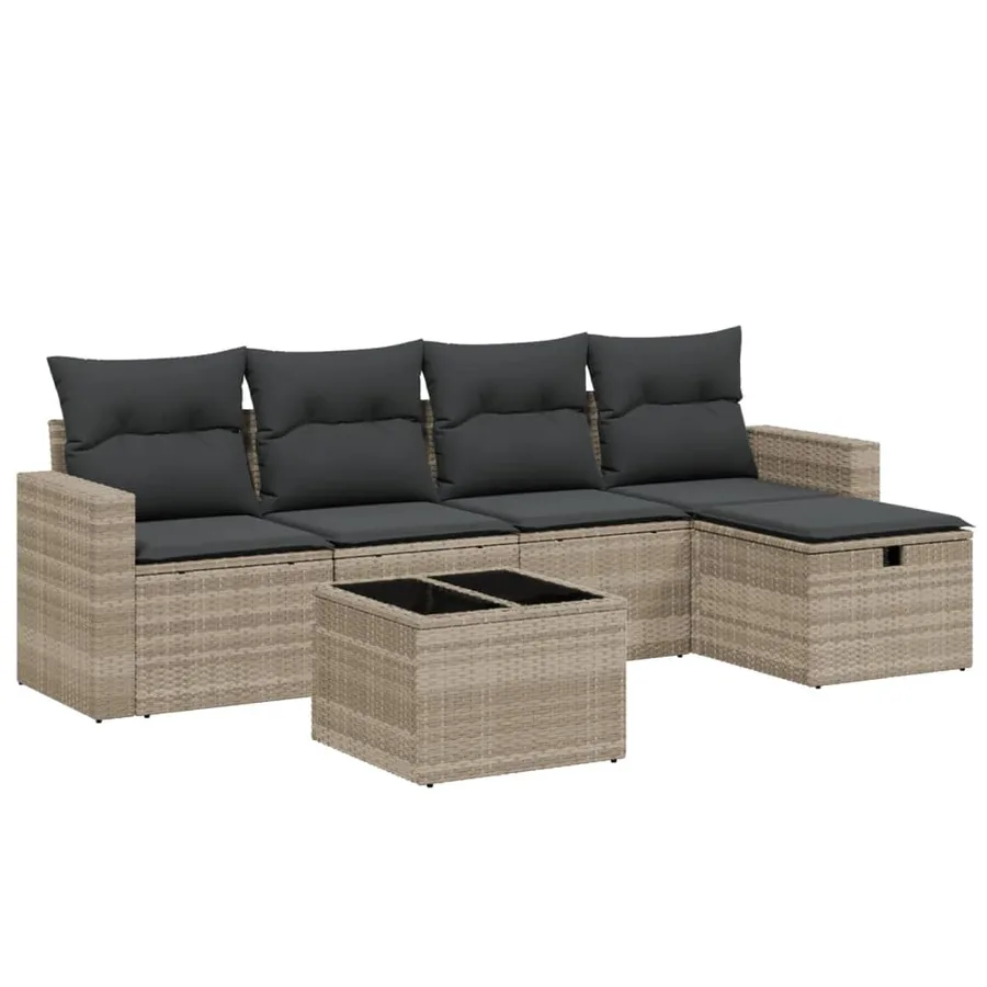 Salon de jardin 6 pcs avec coussins gris clair résine tressée - 2