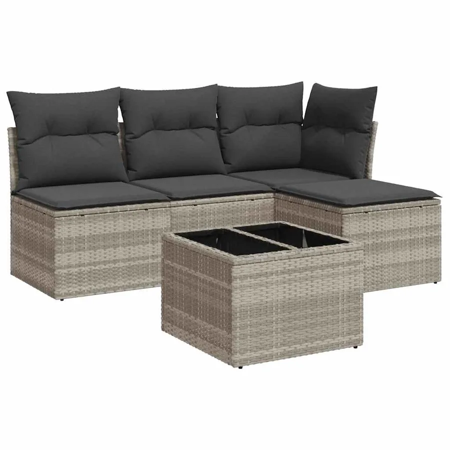 Salon de jardin 5 pcs avec coussins gris clair résine tressée - 2