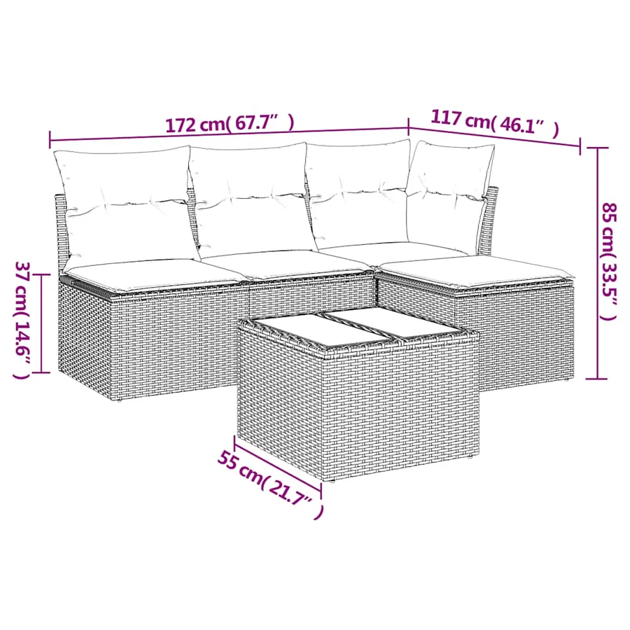 Salon de jardin 5 pcs avec coussins gris clair résine tressée - 3