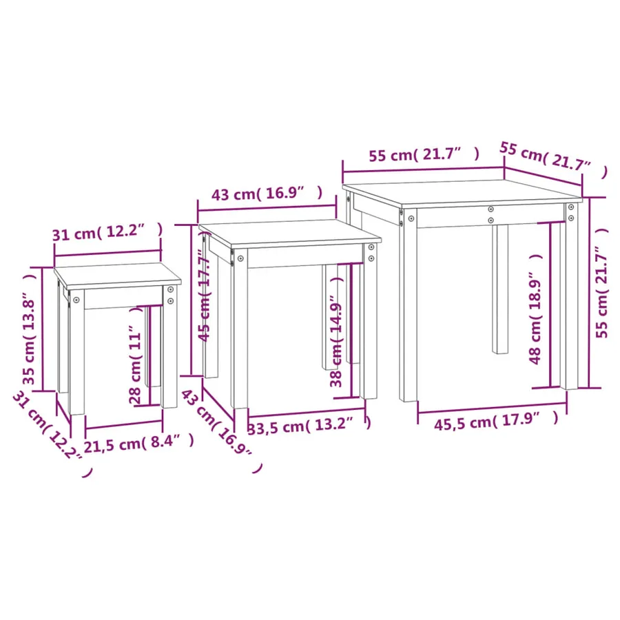 Tables gigognes 3 pcs Marron miel Bois de pin massif - 11