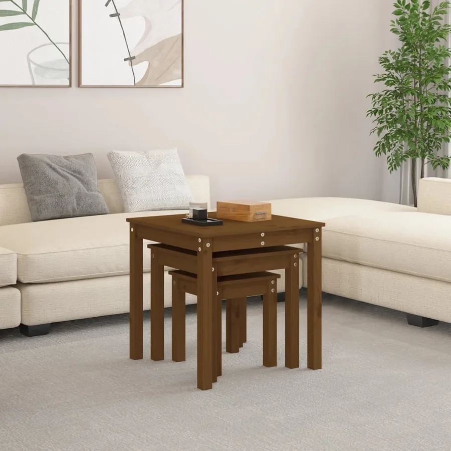 Tables gigognes 3 pcs Marron miel Bois de pin massif - 3